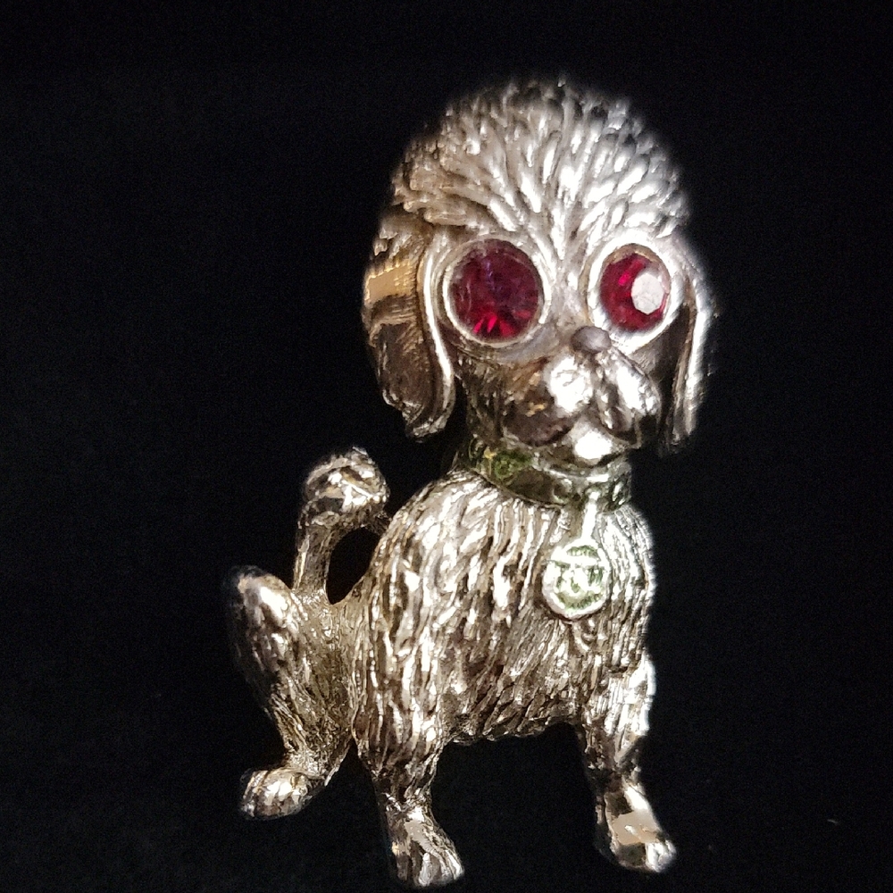 vintage Gerry's gold-tone poodleSilver Poodle Brooch with Red Gem Eyes & Green